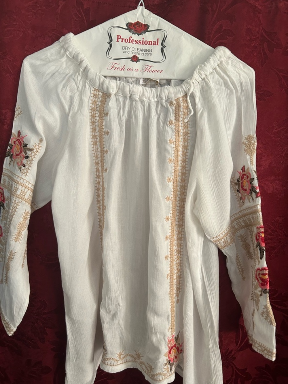 White Embroidered Peasant Blouse with Floral Detail